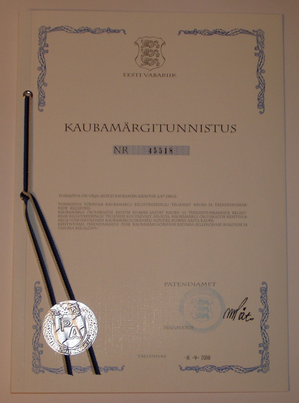 0808822_p2047430_kaubamargi_tunnistus_foto_virgo_kruve Patendiameti väljastatud kaubamärgitunnistus. Foto Virgo Kruve