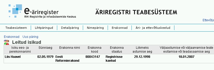 Liis Haavel oli Reformierakond liikmeks 29.12.1998 kuni 18.01.2007. Tema välja arvamine keset jaanuari viitab aga erakordsele Reformierakonna käitumisele, sest tavaliselt fikseeritakse lahkumised 1. jaanuari kuupäeva seisuga. Foto Äriregister