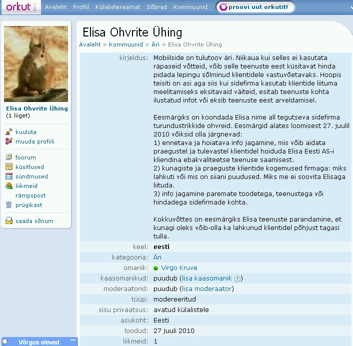 elisa ohvrite ühing orkut kommuun