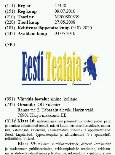 0808054 sonaline kaubamark eesti teataja on firma fidenter kaubamärk Eesti teataja on Reformierakonna asemel firma Fidenter OÜ omandus. Kaubamärgileht 09/2010
