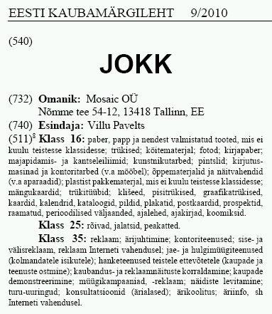 0808056 sonaline kaubamark jokk mosaic omand Mosaic OÜ omandusse kuulub kaubamärk JOKK. Septembri Kaubamärgileht