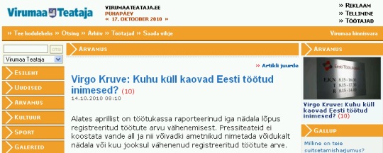 Virgo Kruve: Kuhu küll kaovad Eesti töötud inimesed? Artikkel ajalehes "Virumaa Teataja" 14. oktoober 2010