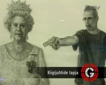 0808013 100101 0035 ringvaade lisa 3500 riigijuhtide tapja kunst2 elisabeth 1. oktoober 2010 ETV saade Ringvaade, kus kunstnik tulistab selja tagant Elisabeth II suunas.