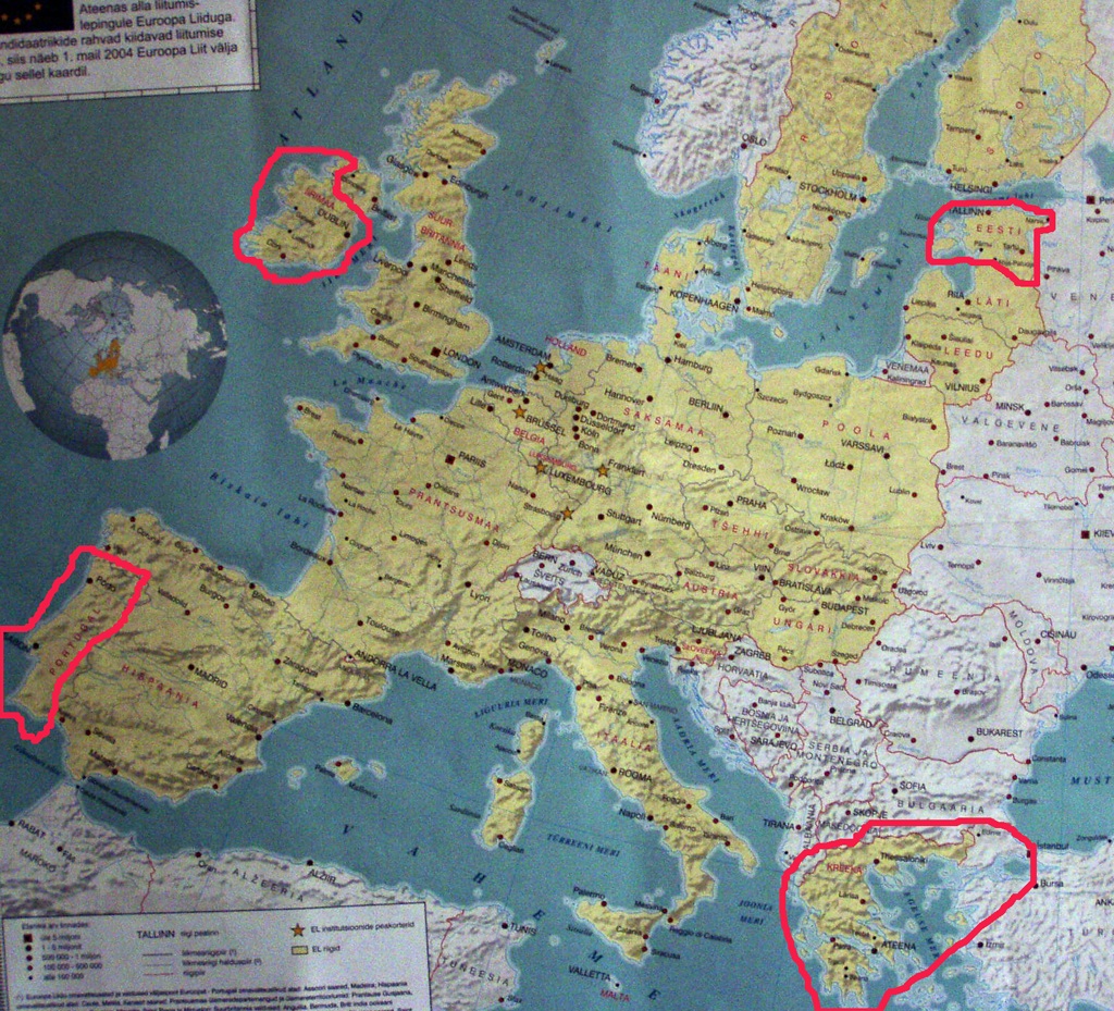 Euroopa kaart euro kriisidega. Regio 2004. aasta kaart, mis ilmus koos EPL-iga ja millele märkisin perifeerias asuvad ühisraha euro kasutavad ja majanduskriisis riigid alates 1. jaanuarist 2011. Foto Virgo Kruve