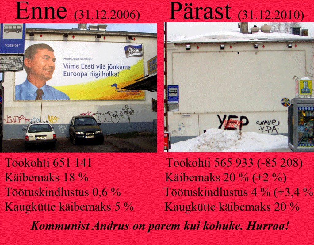 Reformierakonna plakat 2006. ja 2011. aastal samas kohas Tallinnas Kosmose trammipeatuses. Fotod Virgo Kruve
