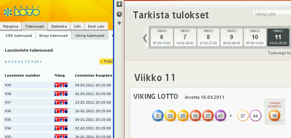 Vasakul on Eesti Loto lehekülg ilma tulemusteta, paremal soomlaste veikkaus.fi viimaste tulemustega. Kell 20.30 loosimise päeval.