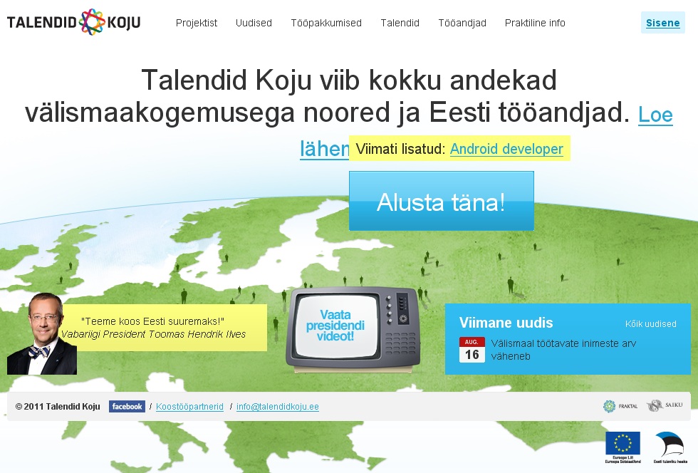 Talendid koju kampaania koduleht talendidkoju.ee internetis