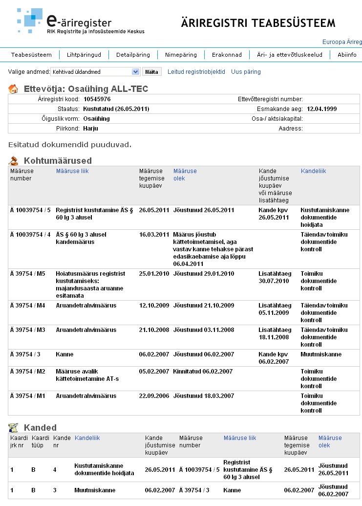 all-tec oü kustutamine registrist