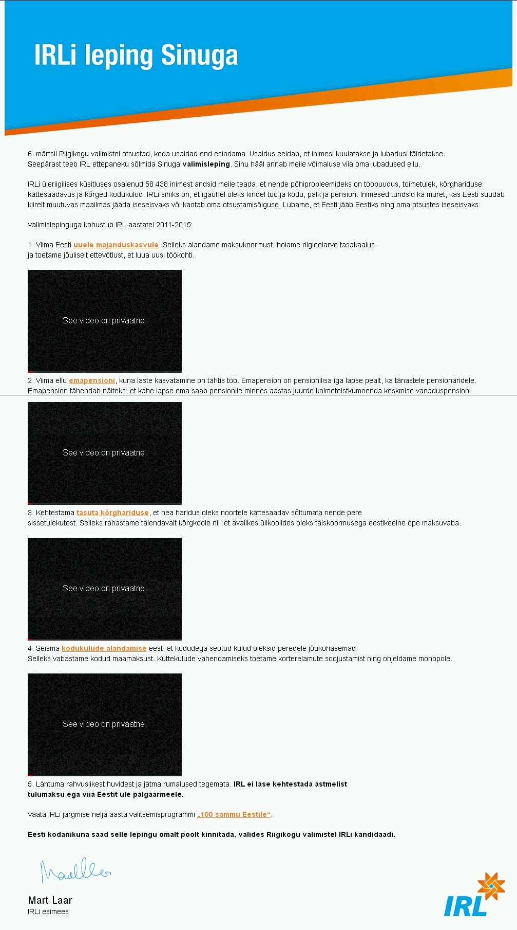 IRL-i leping valijaga on rikutud, videod on pandud paroolide taha. Ekraanipilt 28. september 2012 seisuga.