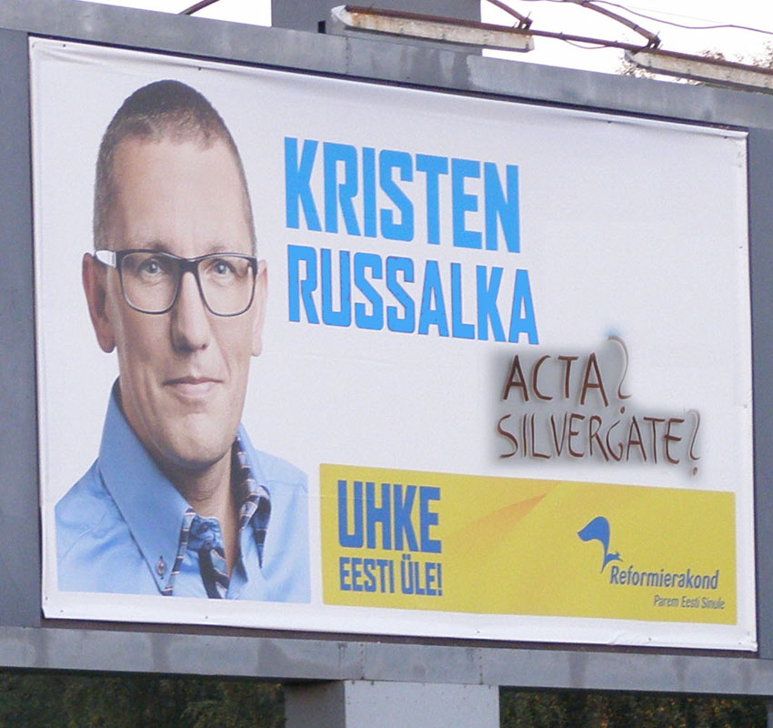 Kristen Russalka Michal peibutab Pirita inimesi. Tema oli justiitsminister kui üldsust vapustas ACTA ja silvergate ehk variannetused valitsust juhtivale Reformierakonnale. Autori foto ja montaaž.