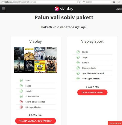 Interneti põhist video vaatamist pakub VIAPLAY.ee leht 6,99 eurot kuus ja see sisaldab kümneid seriaale ja filme.